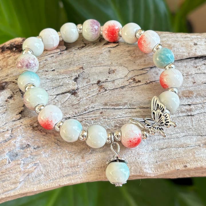 Ceramic Beads Bracelet With Butterfly Charm - Multi Colour for wholesale by Ocean Ripples