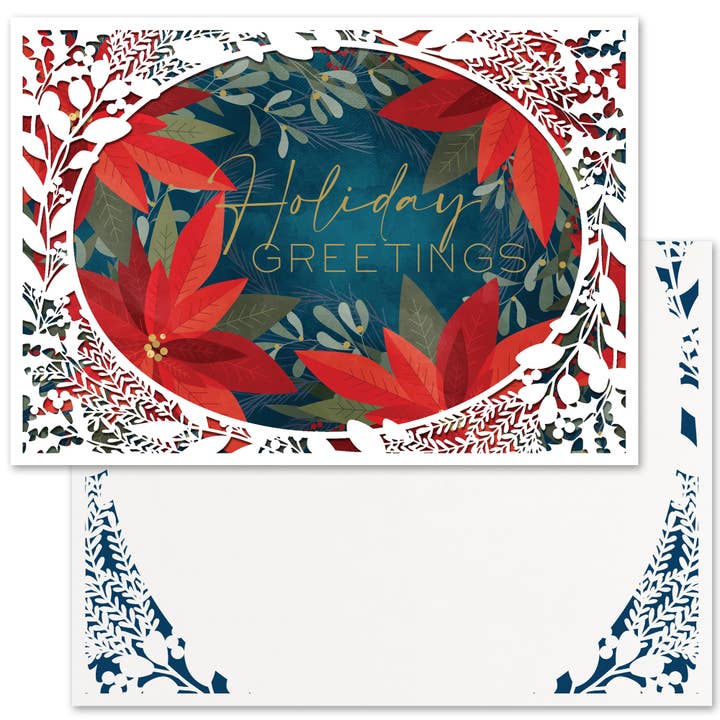 Intricate Poinsettia Boxed Holiday Cards for wholesale by Masterpiece Studios