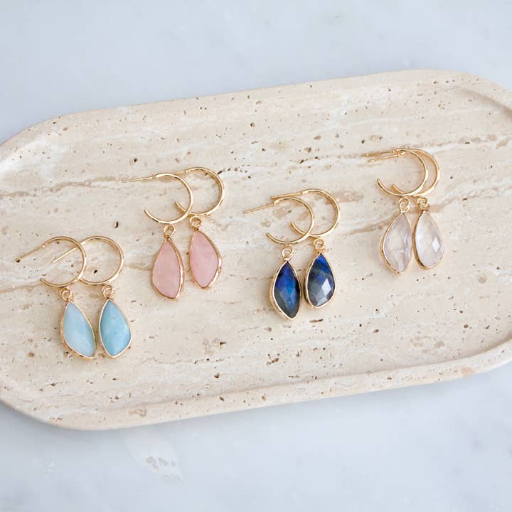 Stone Hoop Earrings - Amazonite, Labradorite, Quartz, Rose for wholesale by Mesa Blue