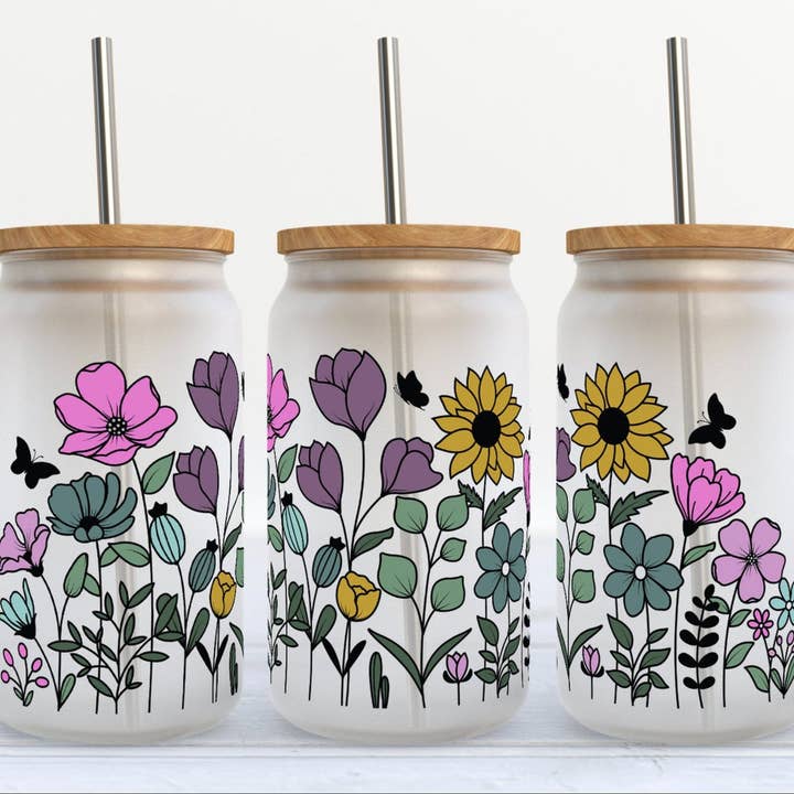 Creating Mamas Light LLC - Wholesale Drinking Glass/Cup - Colorful Wildflowers