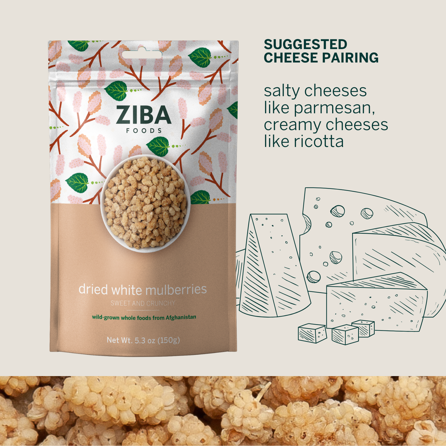 Ziba Foods – Engroshandel Tørret/dehydreret frugt – Tørrede hvide morbær, veganer 5 oz3