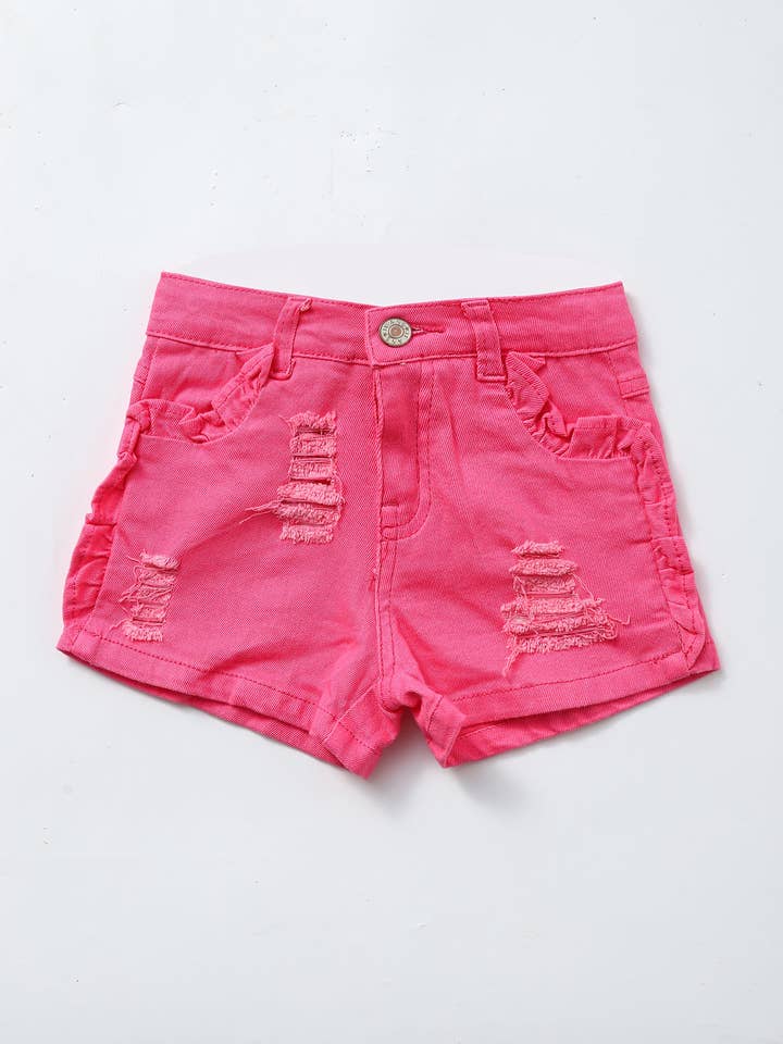Kids Pink Distressed Ruffle Denim Shorts for wholesale by sassy kids palace