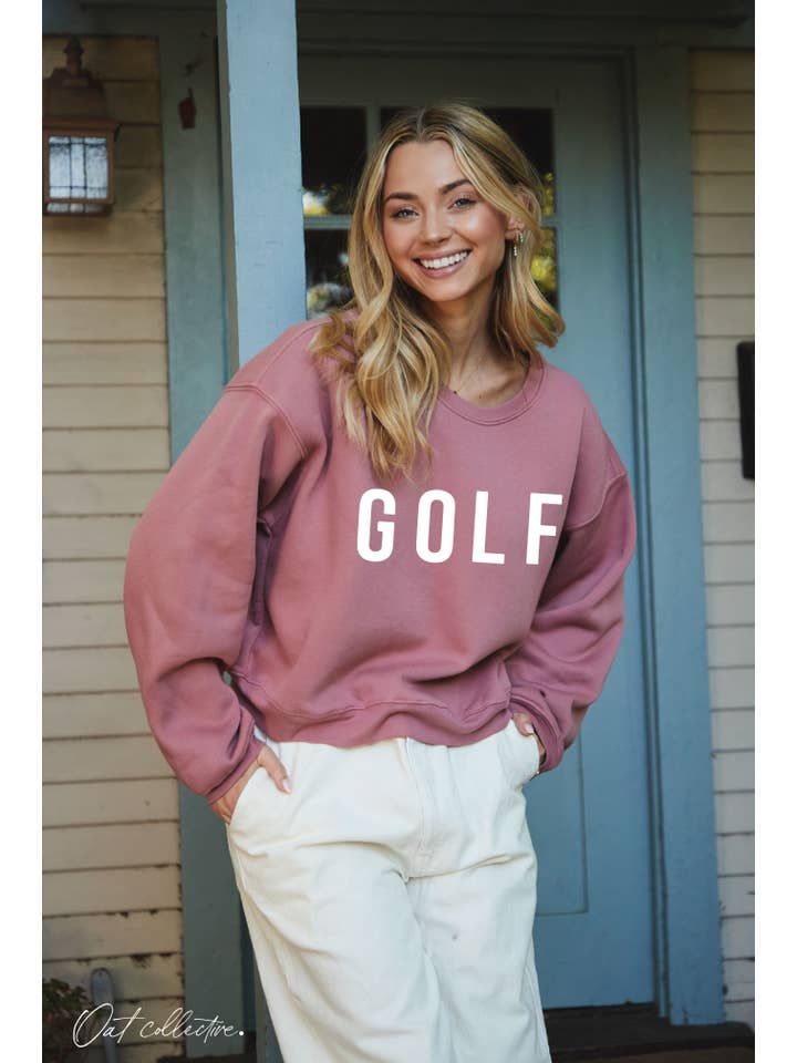 OAT COLLECTIVE - Wholesale Graphic Sweatshirt - Women's - GOLF Mid length Cropped Graphic Fleece Pullover Relaxed Fit.