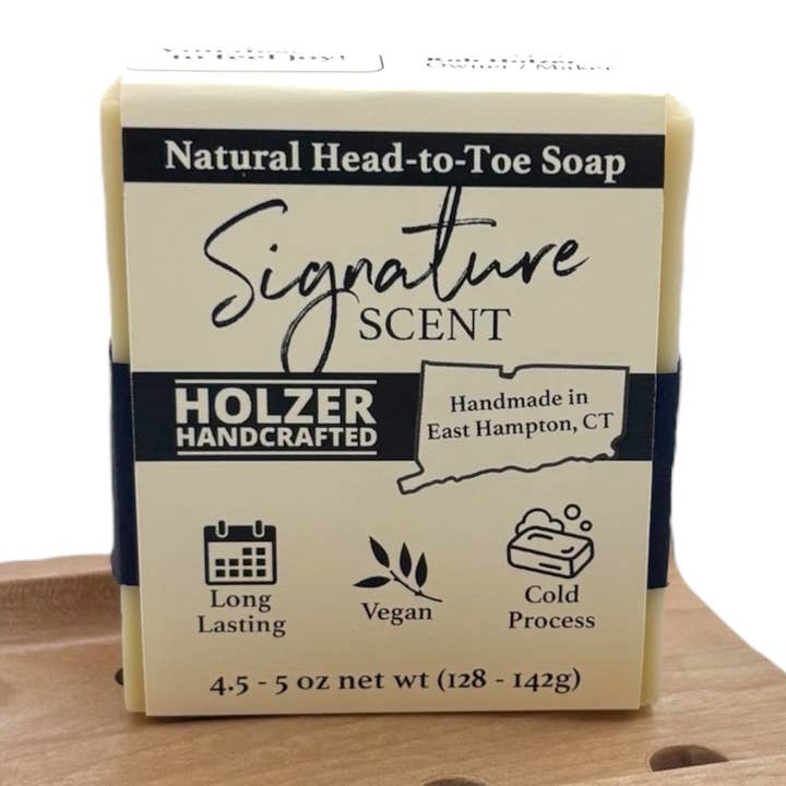 Soap + Soap Dish Gift Set - SIGNATURE SCENT Handmade Soap Bar + Handcrafted Hardwood Soap Dish | Natural Cold Process, Vegan, 4.5 oz | Amber + Sea Breeze + Vetiver Scented Soap for wholesale by Holzer Handcrafted ®