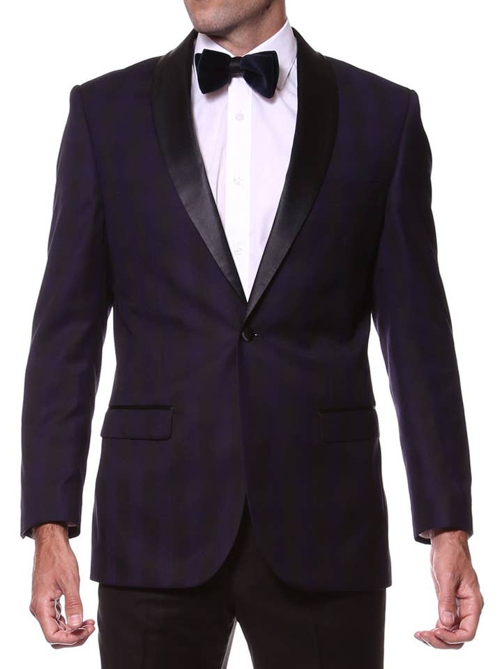 The Astor Purple Plaid Slim Shawl Tuxedo Blazer for wholesale by Ferrecci