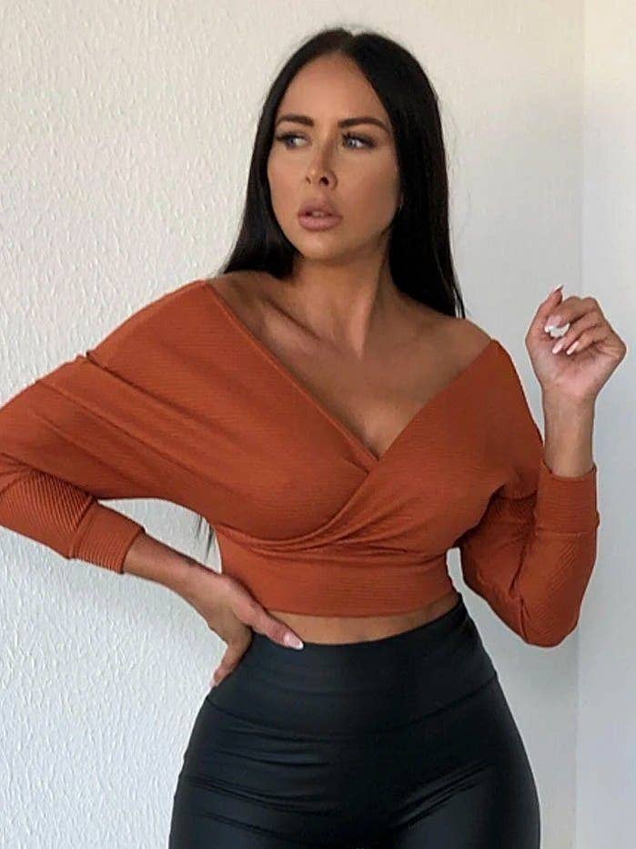Femme Luxe - Wholesale Knit Top - Women's - Rust Ribbed Off The Shoulder Crop Top - Kourt0