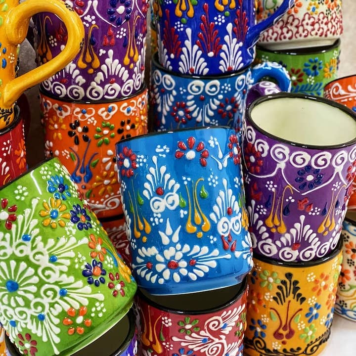 Mediterranean Collection - Wholesale Coffee Mug - Colorful Handmade Ceramic Turkish Mugs - 20 Pcs Assorted