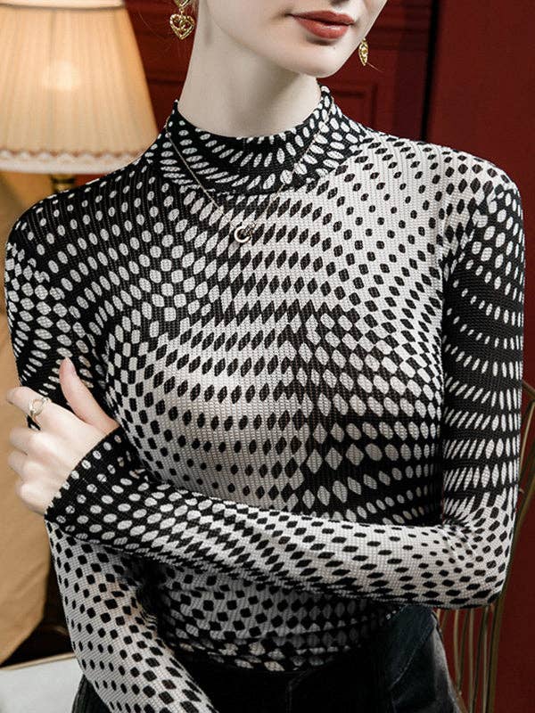 Long Sleeves Plus Size Contrast Color Printed Mock Neck T-Shirts Tops for wholesale by VividLux