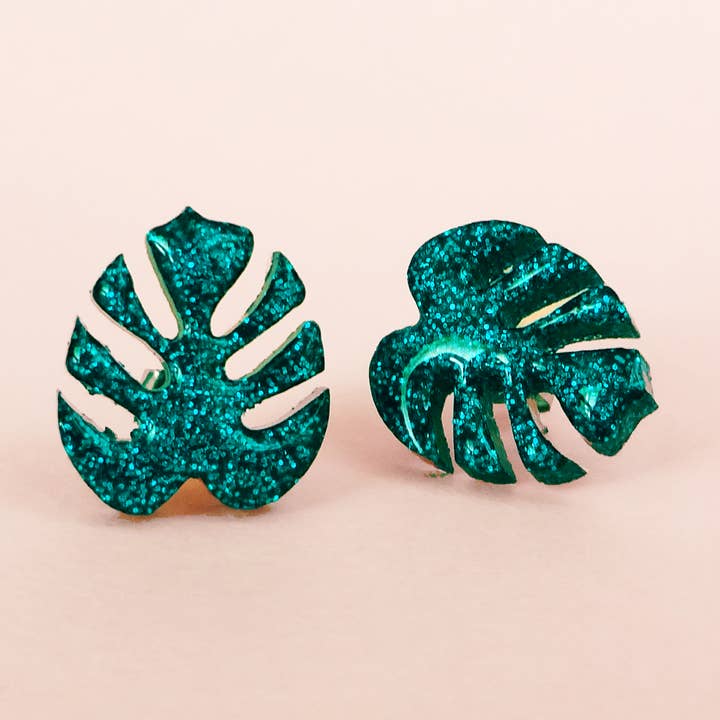Resin Monstera Leaf Glitter Earrings for wholesale by fancypop
