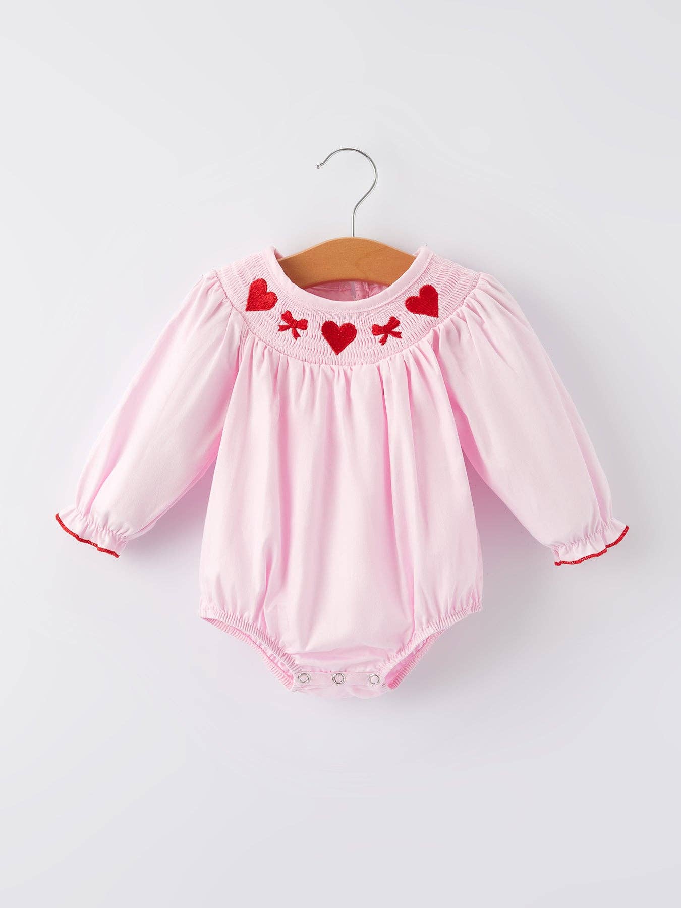 Rylee Faith Designs - Wholesale Bodysuit (Non-Footed) - Baby - Pink valentine Smocking Embroidery Long Sleeve Girls Romper