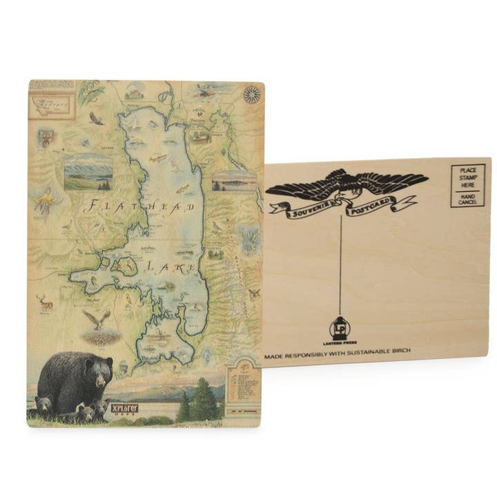 Cartão postal de madeira do mapa do lago Flathead por atacado de XPLORER MAPS