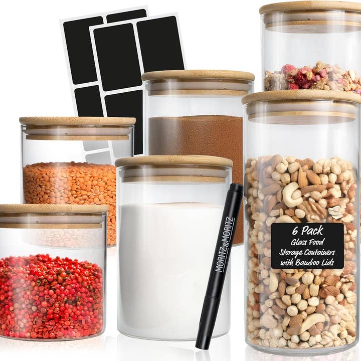 Glass Food Storage Jars with Lids, 6 Pack for wholesale by Moritz & Moritz
