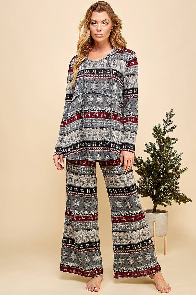 SP8039-SET Women Comfy Multi Print Hoodie Sweater & Pant Set