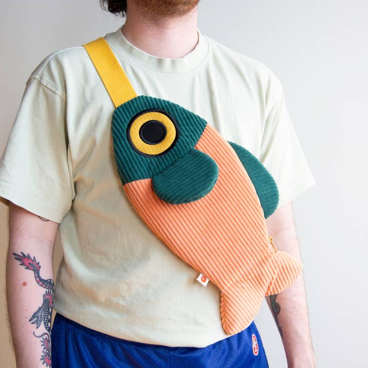 Curlworks - Wholesale Crossbody Bag - Unisex - The Fish Bag - Coral / Dark Green