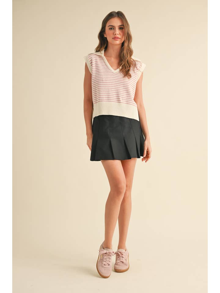 MIOU MUSE - Wholesale Knit Top - Women's - T3789 V-NECK STRIPE COLLAR KNITTED TOP
