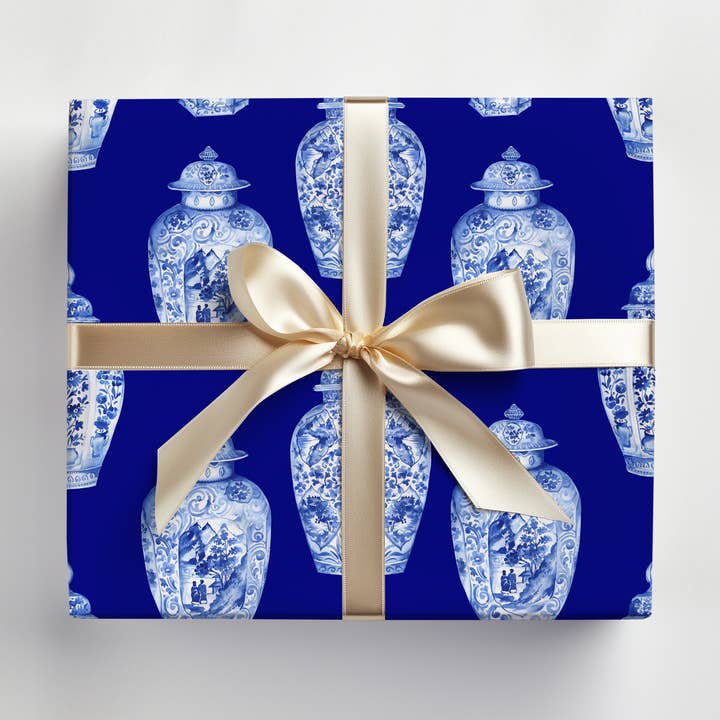 Blue Ginger Jar Gift Wrap–Classic Chinoiserie Wrapping Paper for wholesale by JOSIL Paperie & Gift