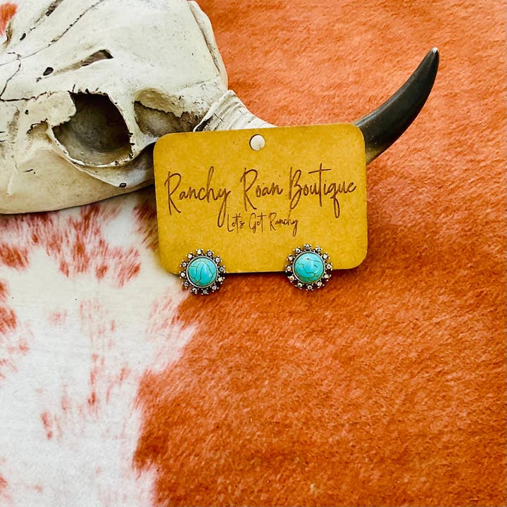 Ranchy Roan Boutique - Wholesale Stud/Post Earrings - Turquoise Western Stud Earrings – Silver Floral Accent Cowgirl Jewelry