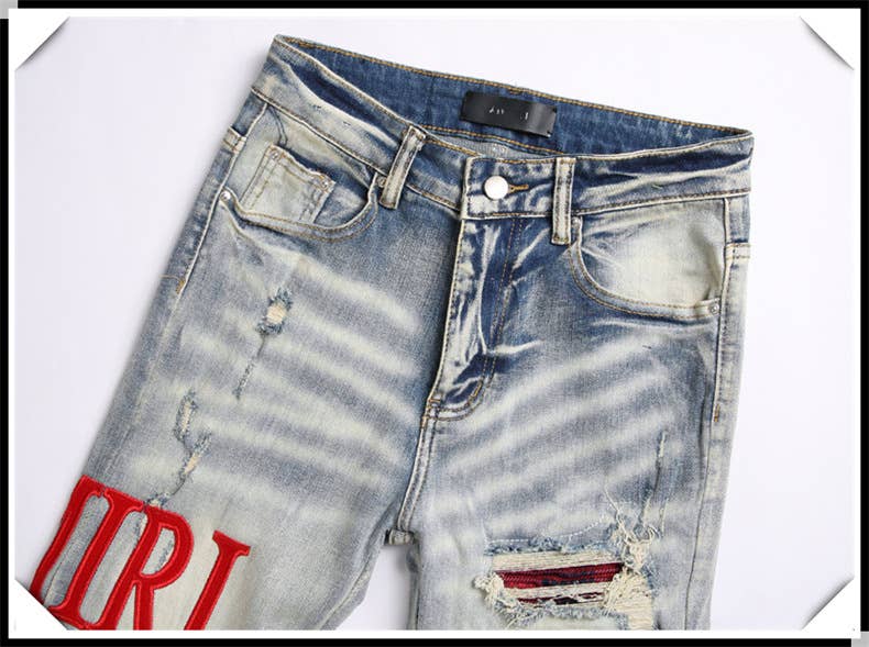 Blå Broderade slitna jeans herr slim fit skinny jeans för wholesale på Faire2