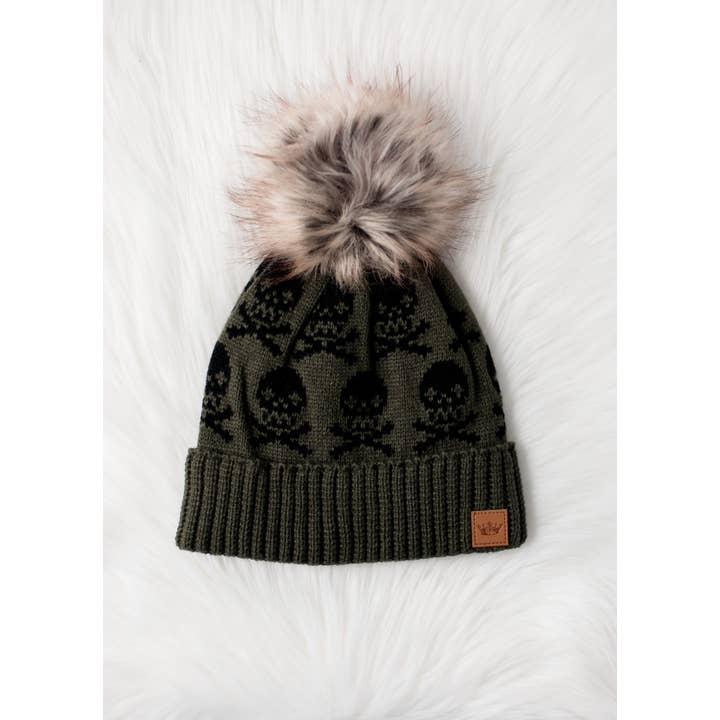Panache Apparel Co. – wholesale Beanie – Women's – Olive Skull Pattern Pom Hat5