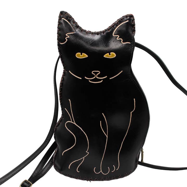 Leather black cat backpack cross-body purse multi use for wholesale by Sunflower Handmade leather inc