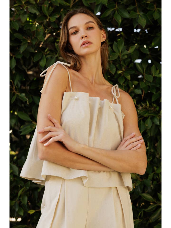 Pearl Embellished Linen Top for wholesale on Faire