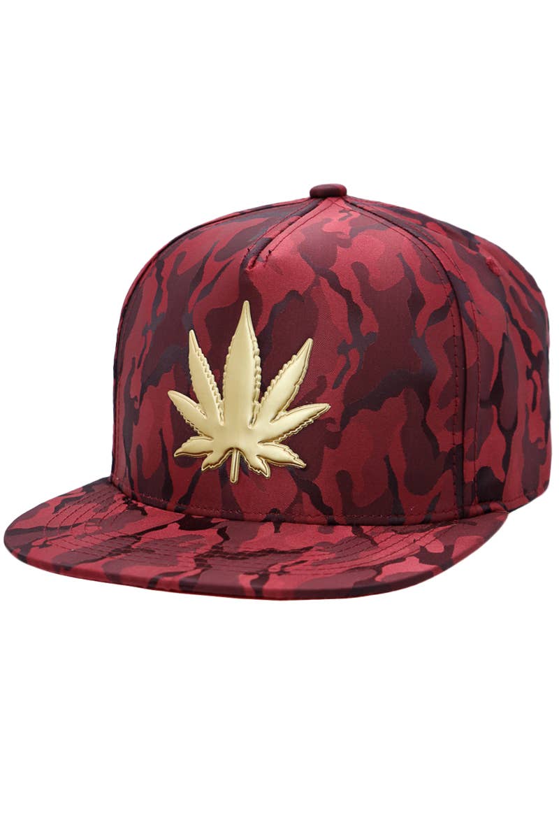 Cap Zone - Wholesale Flat Brim Cap - Men's - Gold Marijuana Leaf Embossed Camo Polyester Fabric Snapback3