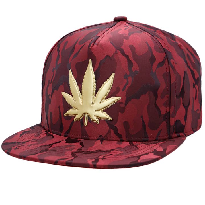 Cap Zone - Wholesale Flat Brim Cap - Men's - Gold Marijuana Leaf Embossed Camo Polyester Fabric Snapback3