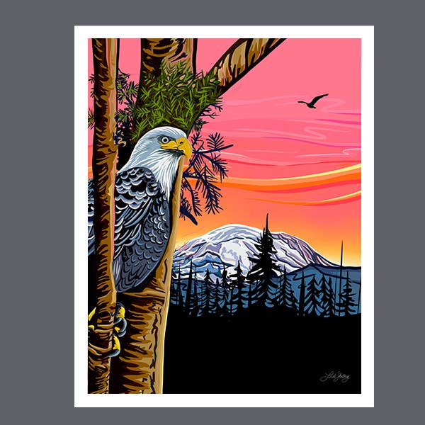 Impression artistique d'un aigle surveillant le mont Rainier pour la vente par Linda Sholberg Art