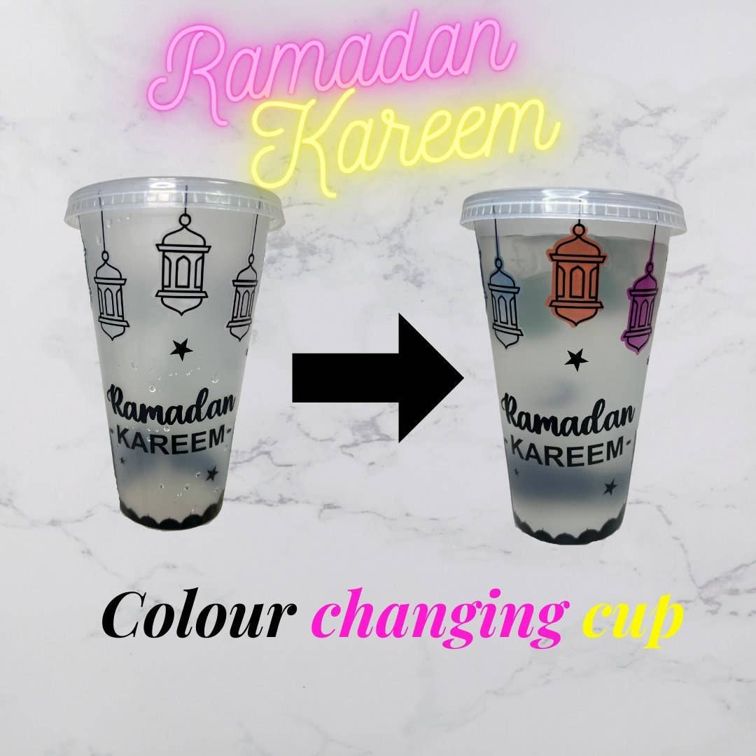 Hudaa & Co – wholesale Drinking glass/cup – Colour Changing Ramadan Kareem Cold Cup |Tumbler | Straw | Custom | Reusable | Drinkware | Venti | Customisable | Islamic Design1