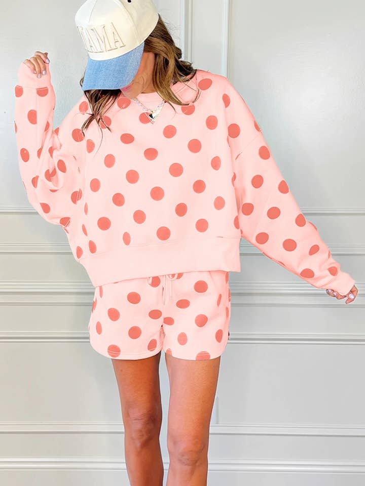 Pink Polka Dot Print Drop Shoulder Drawstring Short Set for wholesale by Our Home to Yours Candles & Gifts
