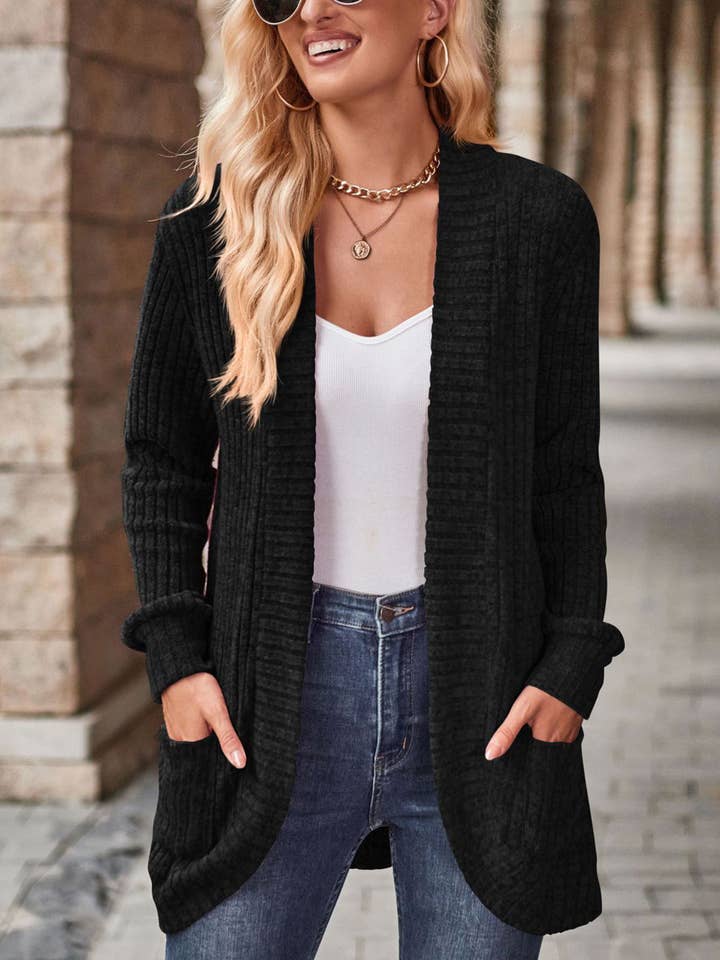 Wholesalesir - Wholesale Cardigan - Women's - Solid Pit Stripe Matte Casual Long Sleeved Cardigan Jacket