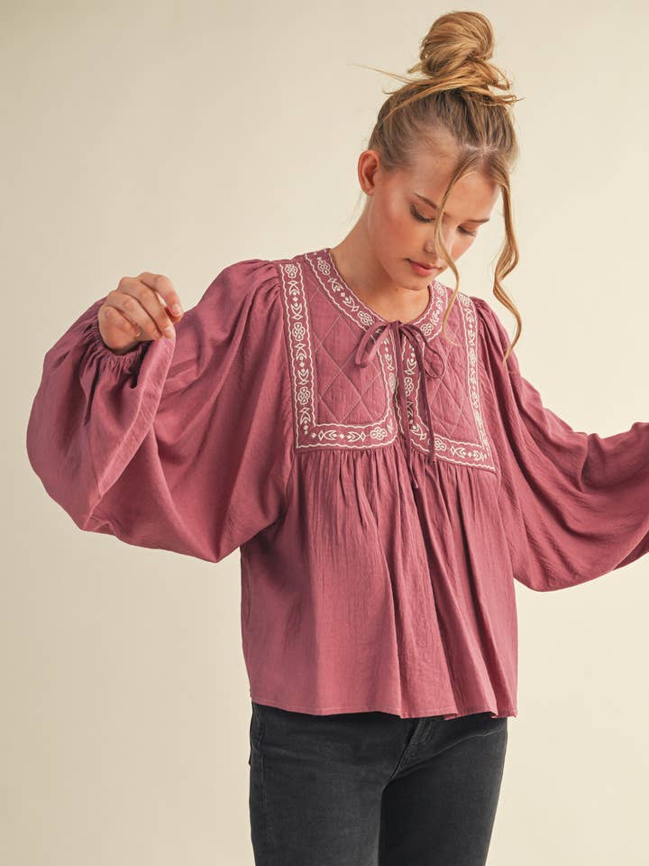 EMBROIDERY TRIM BALLOON SLEEVE BLOUSE MTP4223 for wholesale by &MERCI