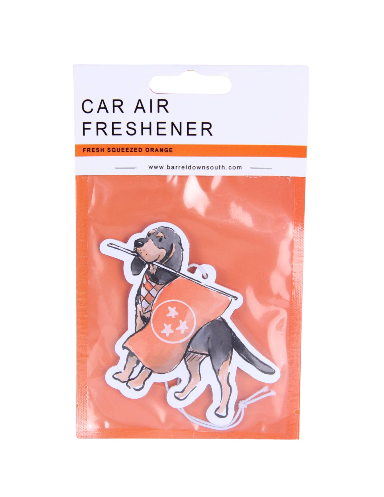 Barrel Down South - Venta al por mayor Ambientador de coche - Unisex - Perro Bluetick Coonhound Llevando Bandera Ambientador de Tennessee