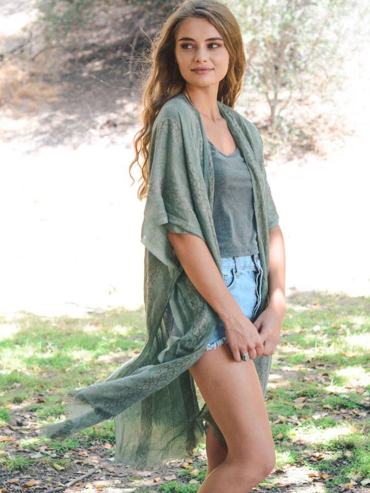 Leto Accessories - Vendita all'ingrosso Kimono - Donna - Kimono lungo intrecciato tribale a blocchi di colore6