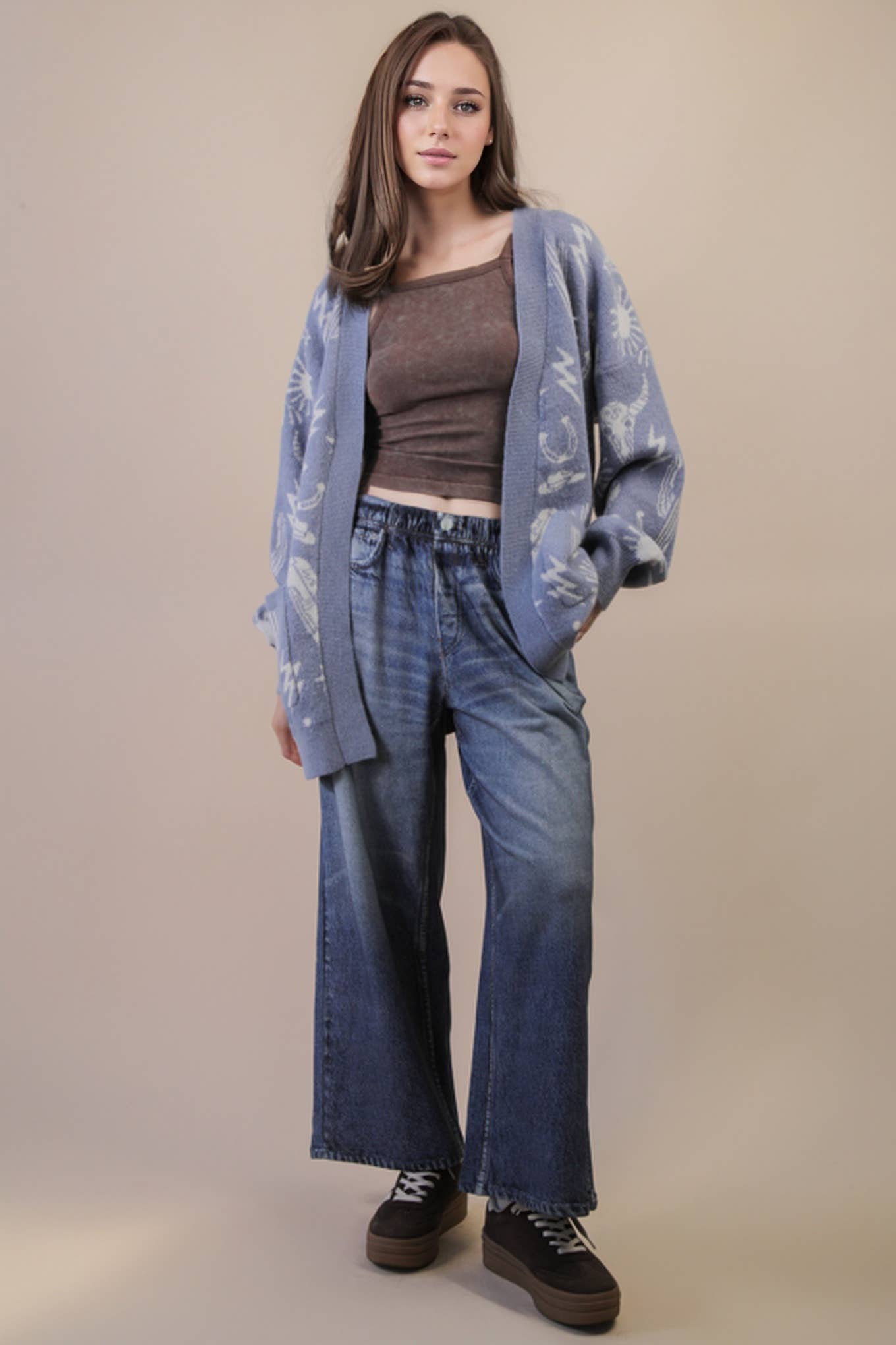 VERY J - Wholesale Cardigan - Dames - 12W3393N-Oversized Western Graphic Gebreide Trui Vest9