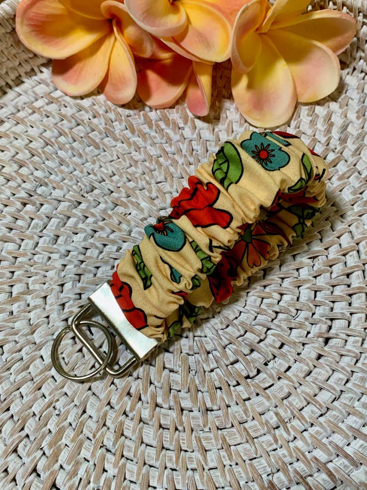 Handmade Scrunchie Key Fob, Keychain - Boho Retro - Flowers & Mushrooms for wholesale by Ann Gregory Designs
