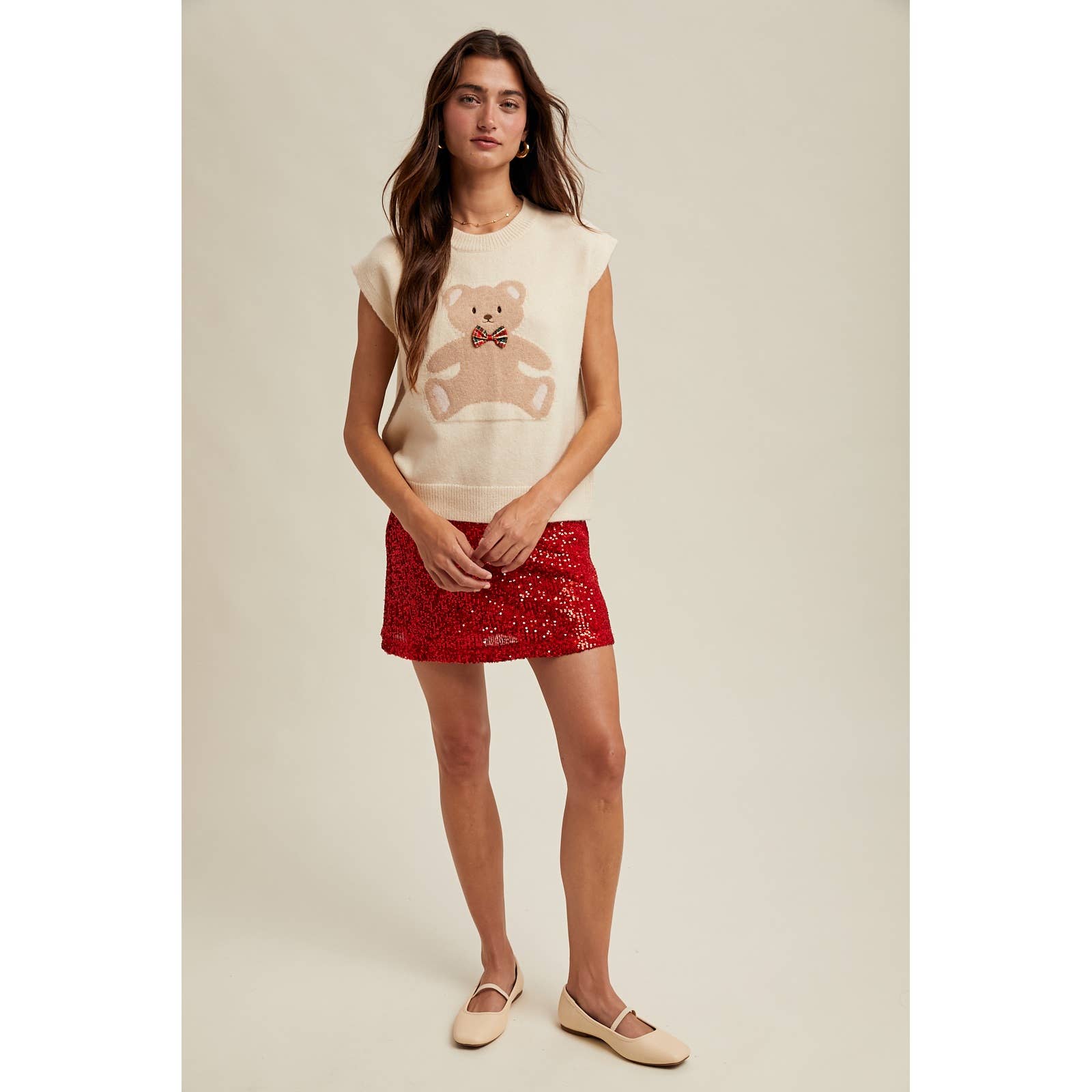 CREAM 'TEDDY BEAR' PLAID BOW SWEATER VEST / WL25-11172 for wholesale on Faire1