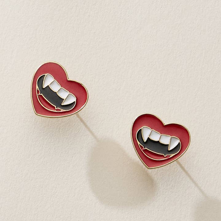 GD Heart Stud Earrings with Vampire Fangs for wholesale on Faire