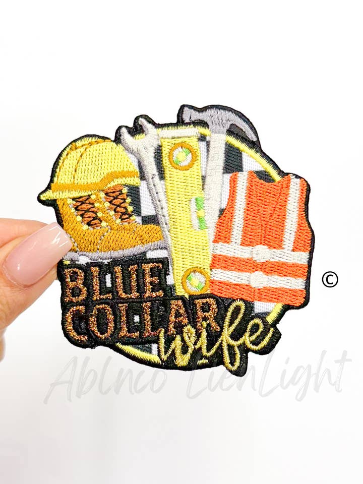 Blue Collar Wife Glitter Embroidery Patch Iron On for wholesale by ABLNco