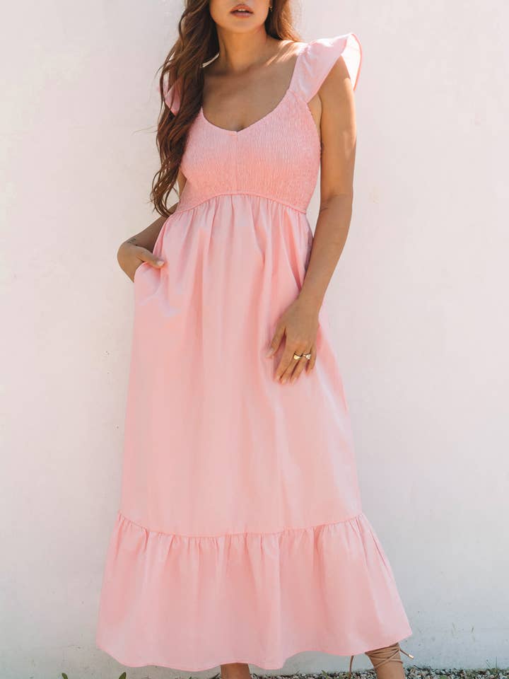V Neck Smocked Bodice High Waist Ruffle Maxi Dress for wholesale by FULL TIME PURCHASE