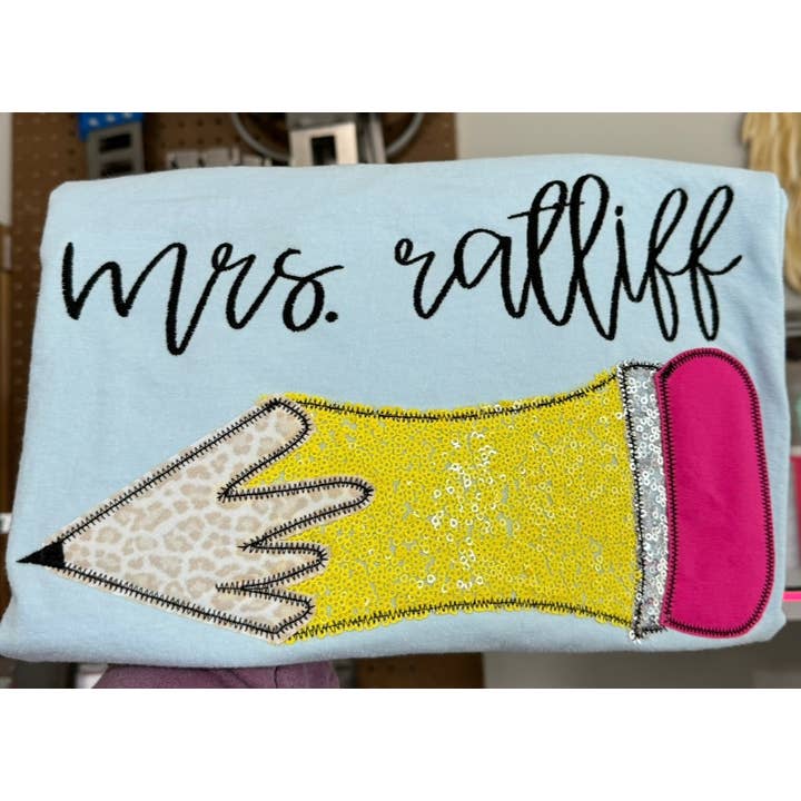 Sequin Teacher Pencil with Name Applique Shirt S-4x for wholesale by BLUE MAGNOLIA MONOGRAMS