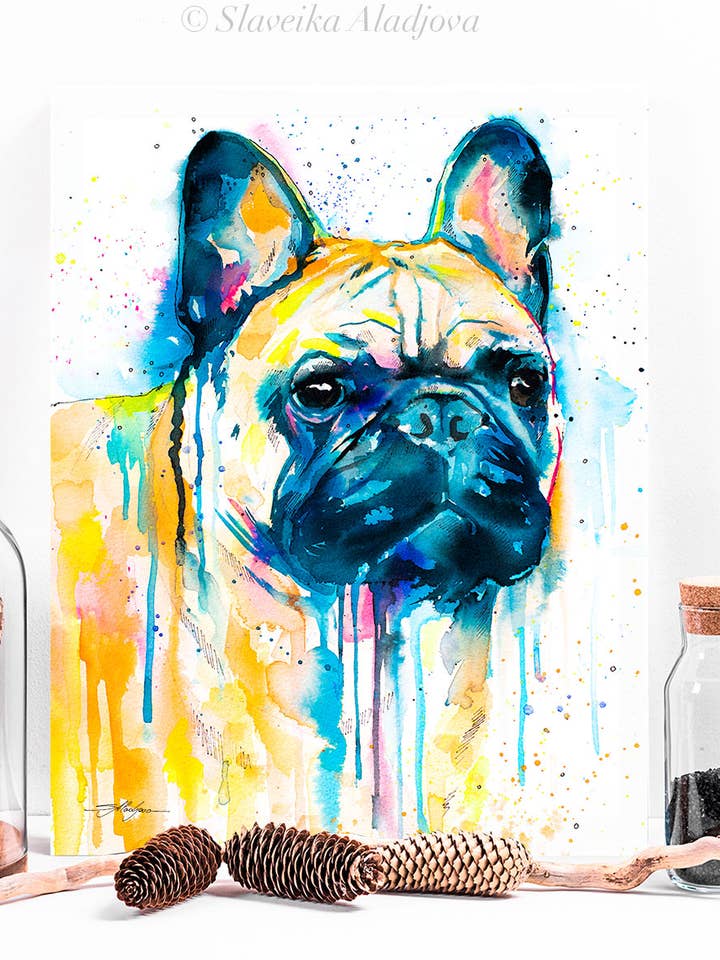 Fawn French Bulldog, Dog Watercolor Painting Print, art for wholesale by Slaveika Aladjova