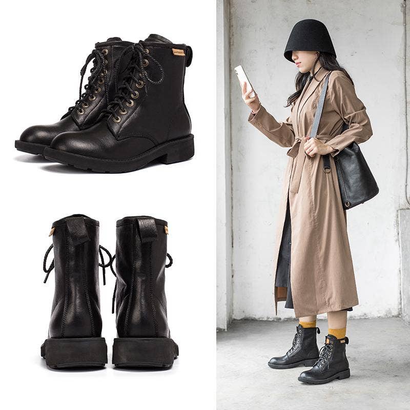 DWARVES – Großhandel Combat Boots – Damen – Modische Kampfstiefel aus Lammfell, Designer-Retro-Reitstiefel, dickes Design, Kaffee/Dunkles Kaffee/Schwarz9