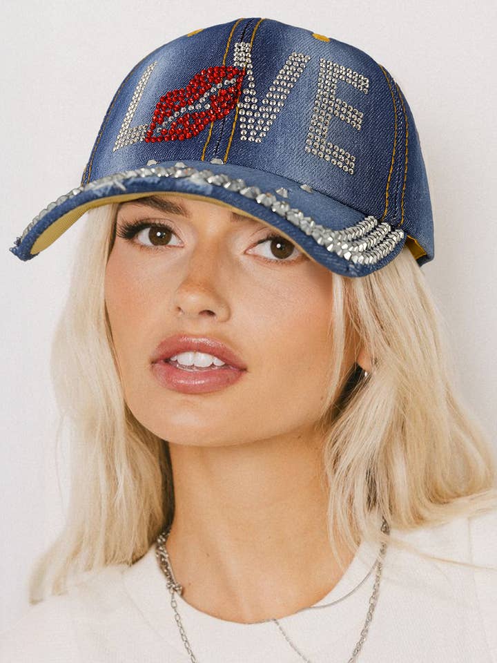 Casquette de baseball en denim avec lettres perlées pour la vente par 1 the Woman