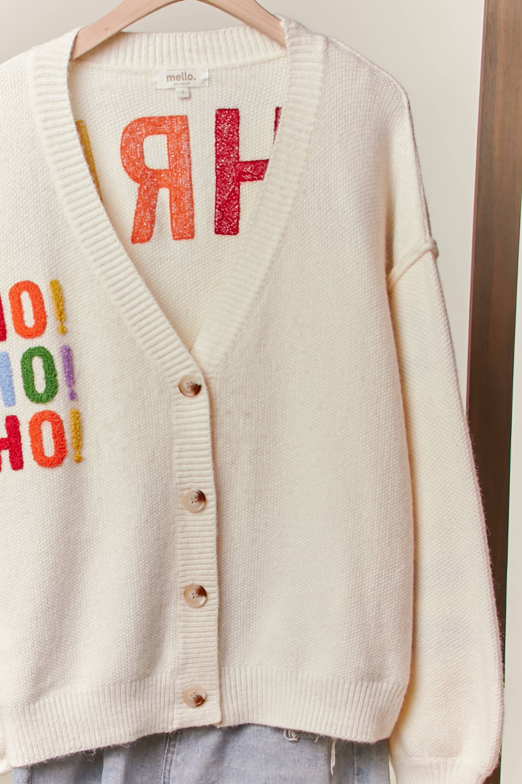 Mello. - Wholesale Cardigan - Women's - Christmas Lettering Patchwork V Neck Cardigan3