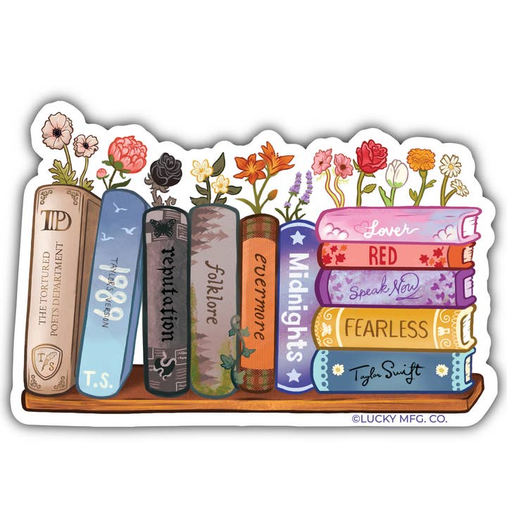 T.S. Eras Bookshelf Vinyl Sticker for wholesale by Lucky Mfg. Co.