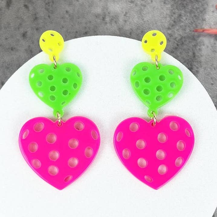 3 DROP PICKLE BALL HEART PATTERN POST EARRING for wholesale by JHP Collection