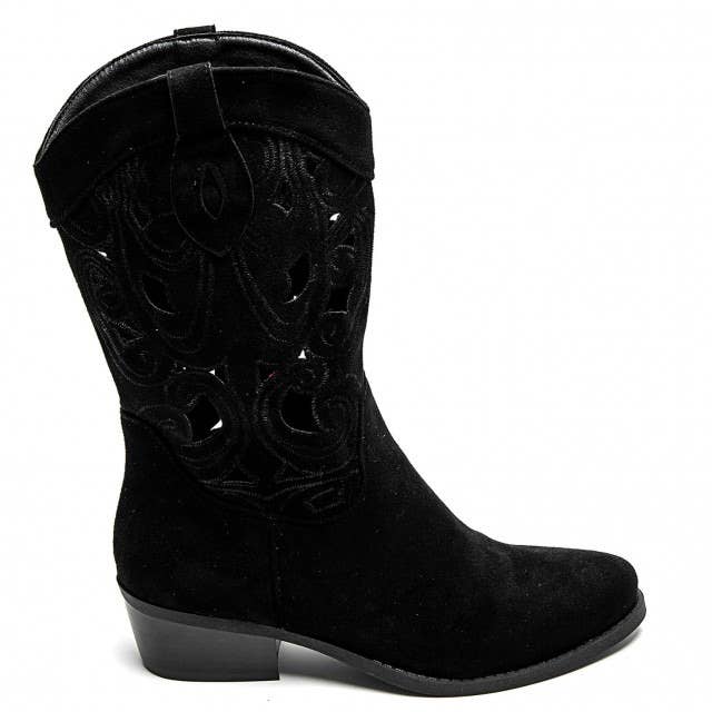 No Doubt Shoes - Wholesale Cowboy Boots - Women's - WOMENS CUT OUT DETAIL EMBROIDERED BLOCK HEEL COWBOY BOOTS