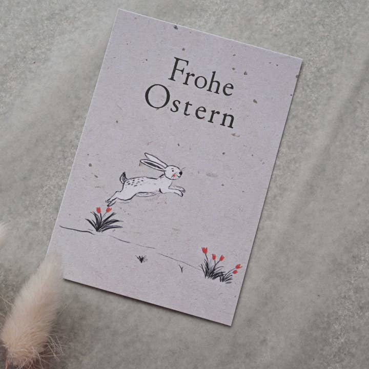 Small card "Happy Easter" with illustration of a rabbit for wholesale by SAJA Design Atelier