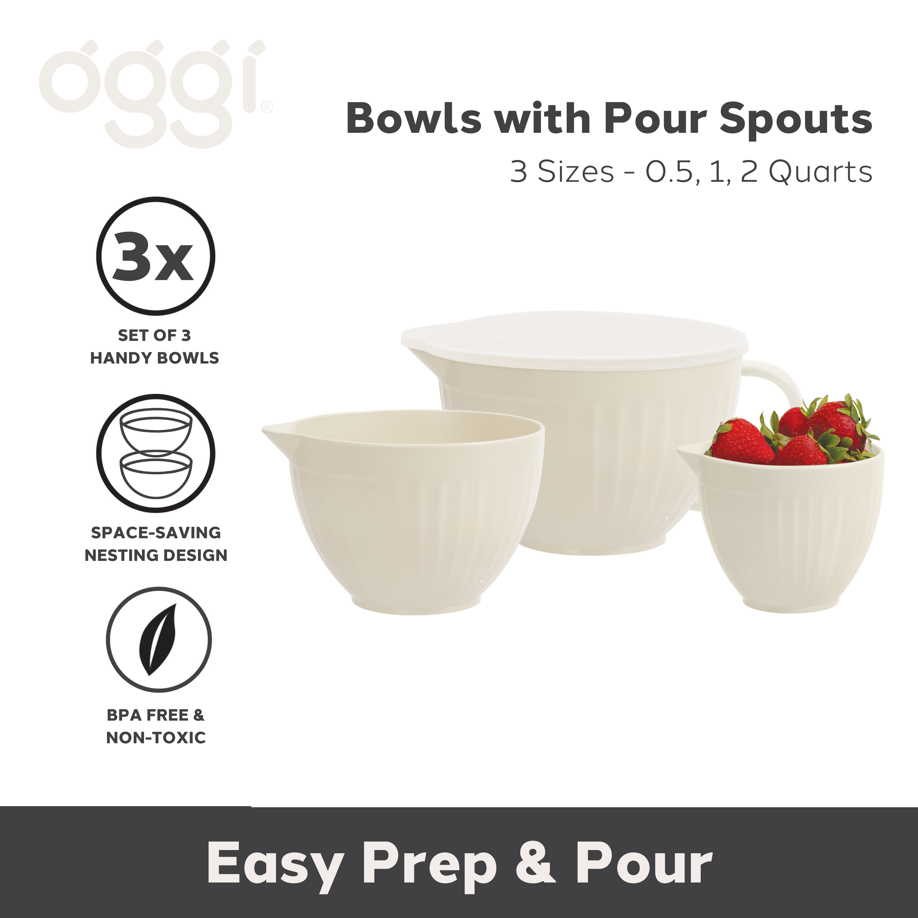 Oggi - Vente Bol mélangeur - Ensemble de 3 bols à mélanger avec bec verseur - 0,5, 1, 2 Qt1